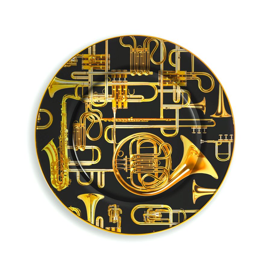 Seletti Porcelain Plate Trumpets Gold Border